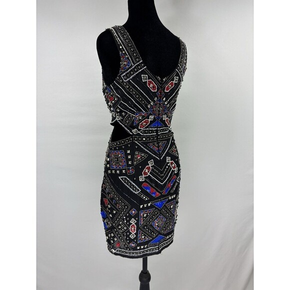 Parker Covina Beaded Mini Dress Black Red Blue XS Cut Out Sleeveless Back Zip - Picture 3 of 15